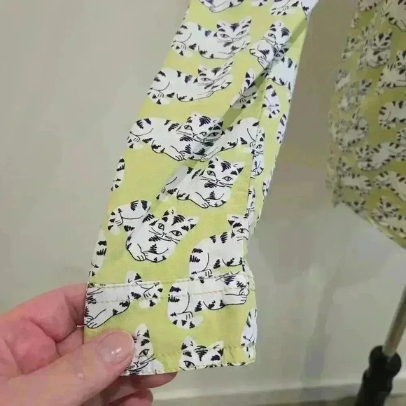 Beach Lunch Lounge Long Sleeve Button-up Cat print Shirt Blouse Women's SP - Picture 4 of 9